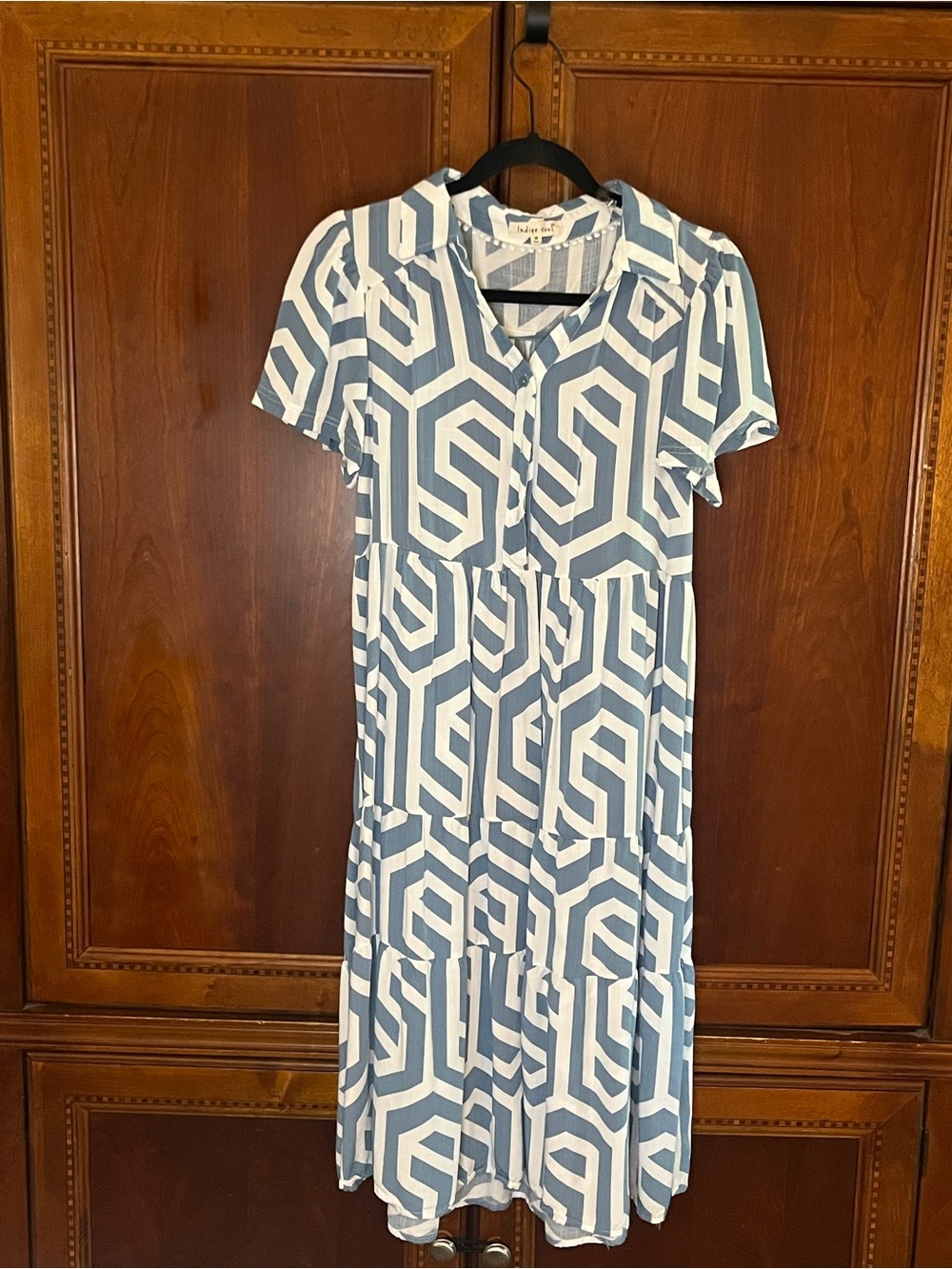 indigo soul Blue & White Geometric Midi Dress
